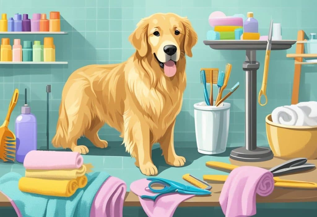 Golden retriever in a colorful dog grooming salon